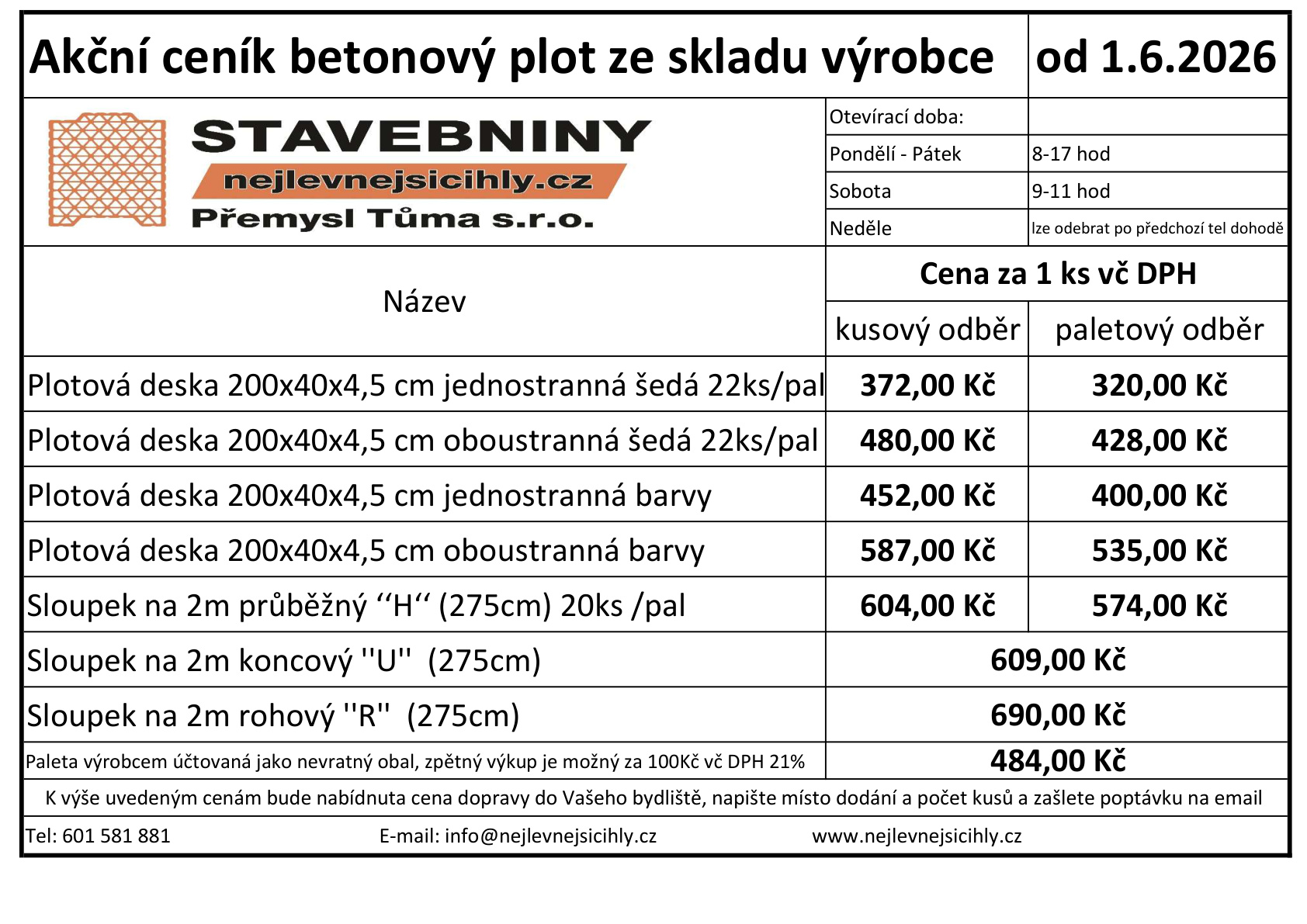 Ceník betonový plot nový typ od výrobce od 1.6.2026